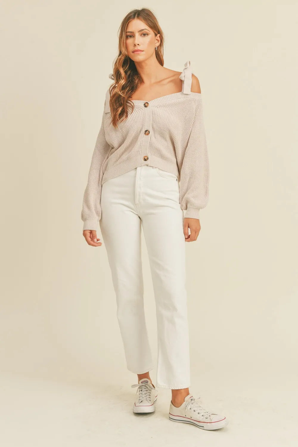 Off Shoulder Tie Strap Button Sweater Secondary image