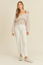 Off Shoulder Tie Strap Button Sweater -