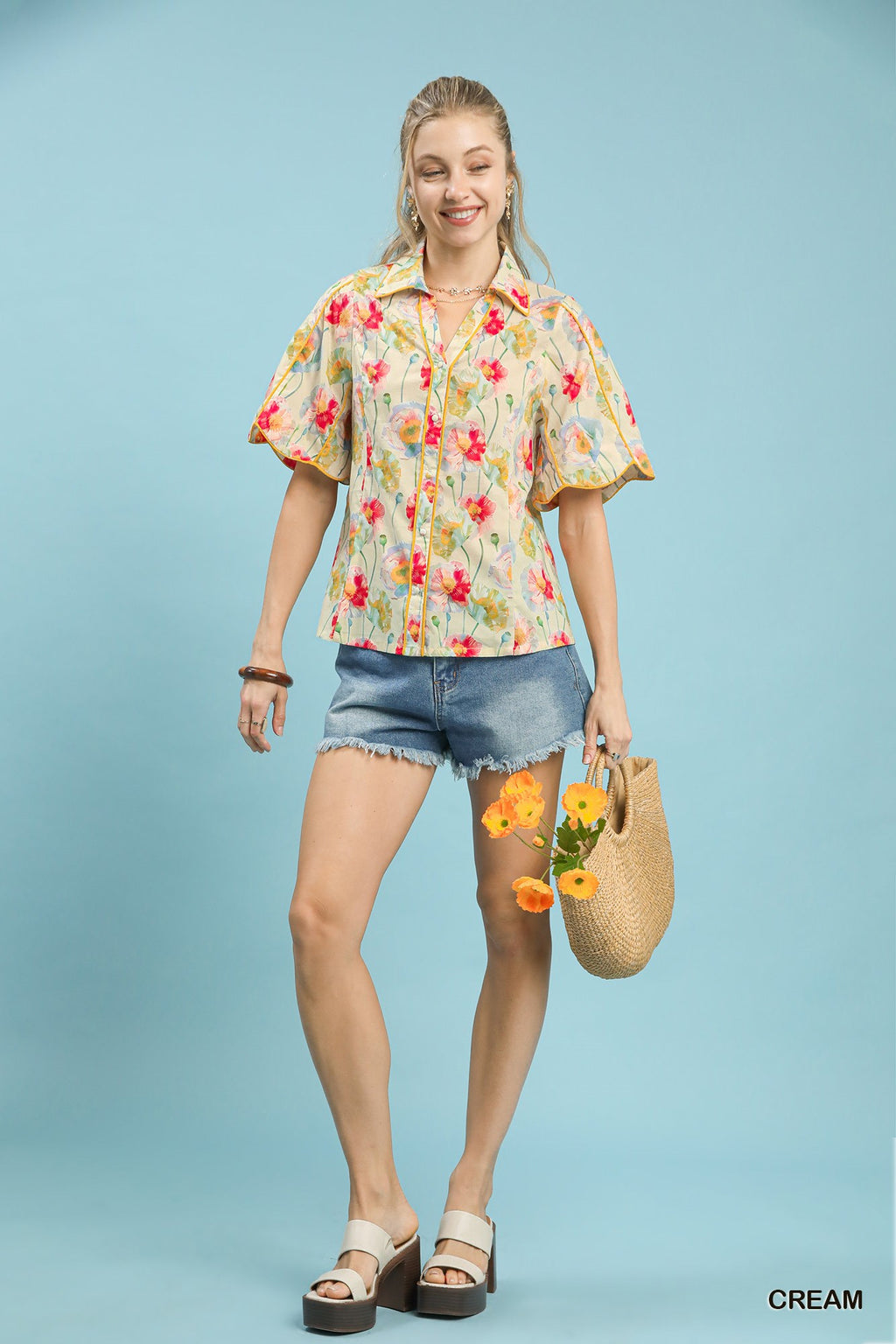 Floral Flutter Sleeve Button Down Blouse -
