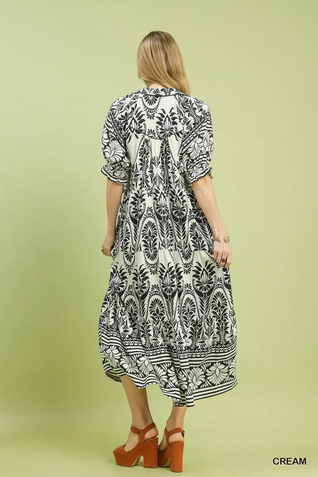 Border Print Flutter Sleeve Midi Dress -
