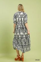 Border Print Flutter Sleeve Midi Dress -