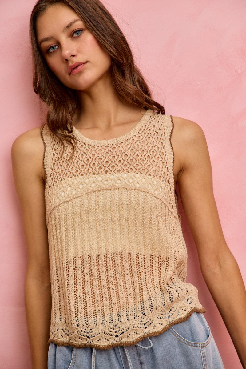 Crochet Lace Lightweight Sweater Vest - OATMEAL