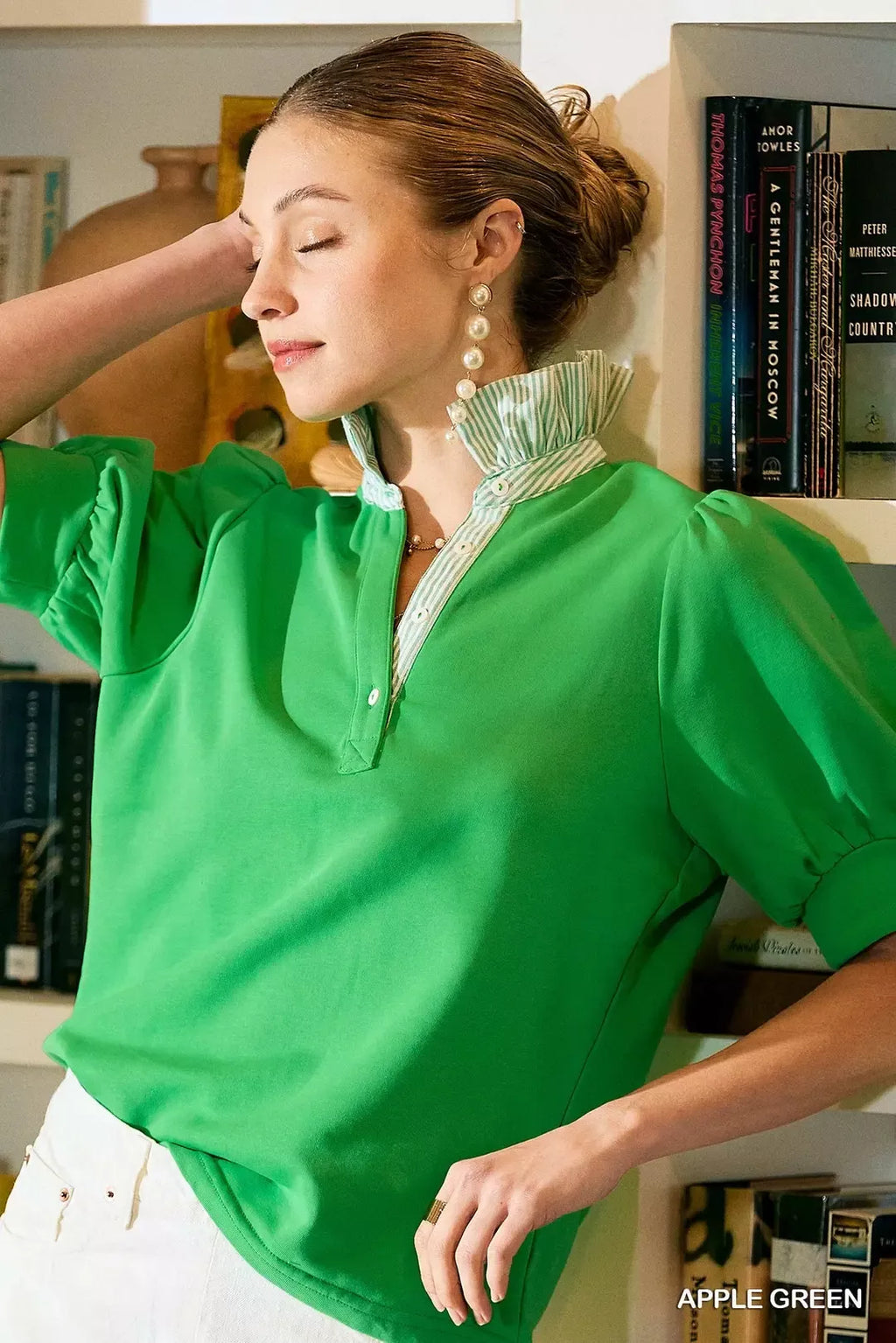 Striped Collar Popover Blouse - APPLE GREEN