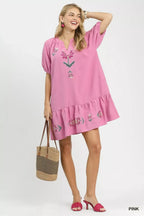 Embroidered Floral Babydoll Mini Dress - PINK
