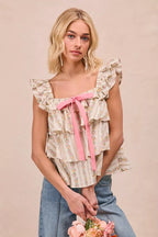 Floral Woven Bow Square Neck Top -