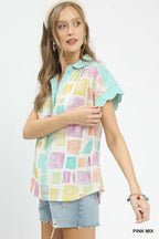 Mixed Print Collared Button Blouse -