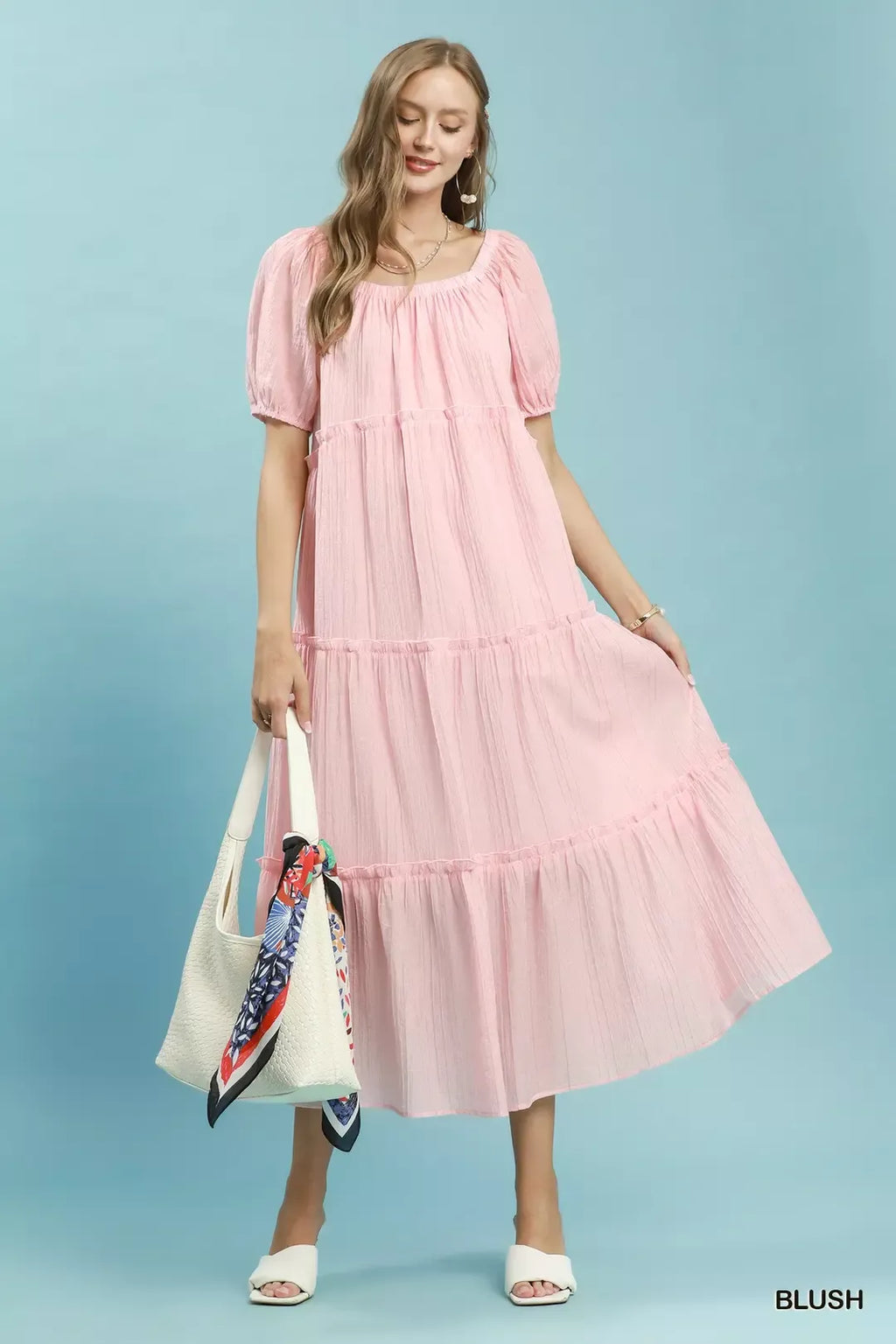 Textured Tiered Puff Sleeve Dress - BLUSH