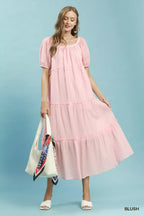 Textured Tiered Puff Sleeve Dress - BLUSH