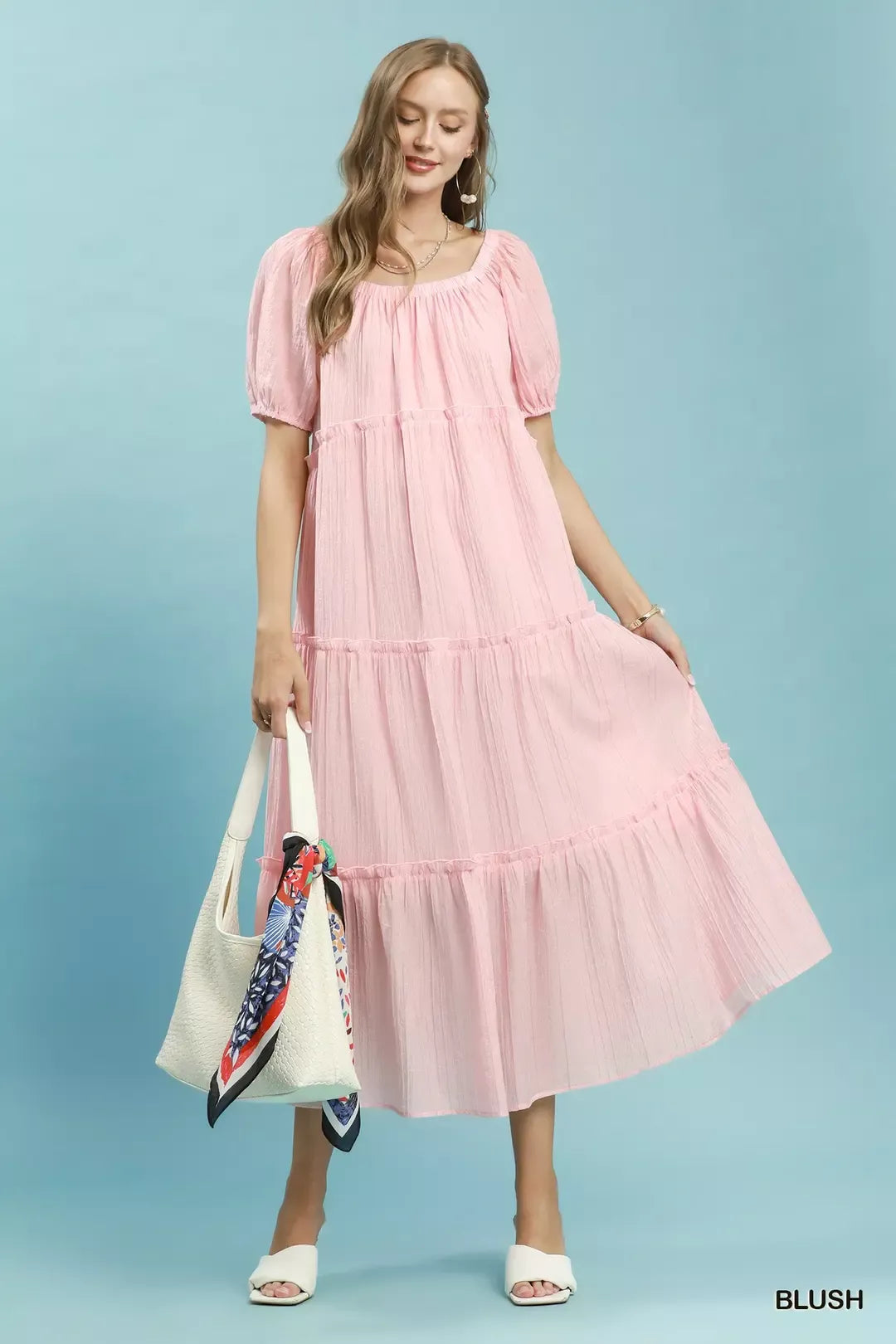 Textured Tiered Puff Sleeve Dress - BLUSH