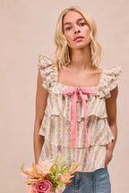 Floral Woven Bow Square Neck Top -