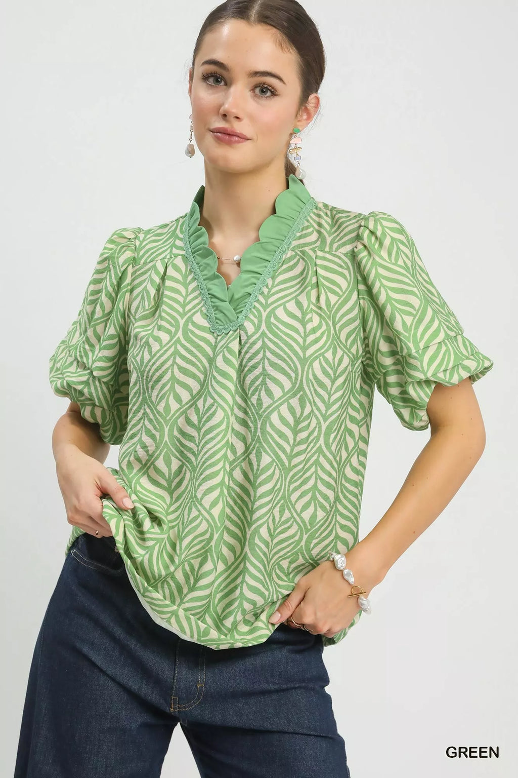 Printed Ruffle Neck Puff Sleeve Top - GREEN