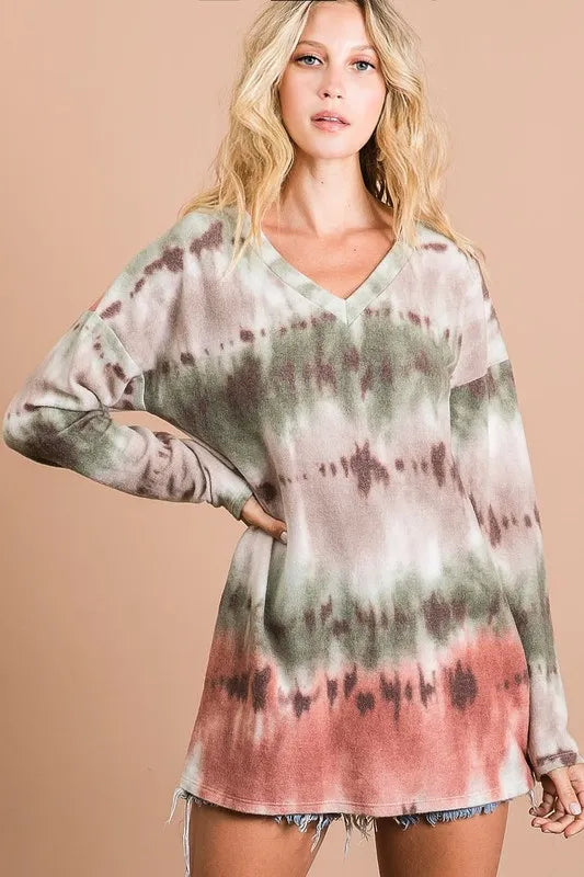 Brushed Tie Dye V Neck Top -