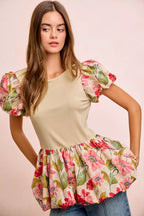 Floral Print Bubble Sleeve Peplum Top - FLORAL