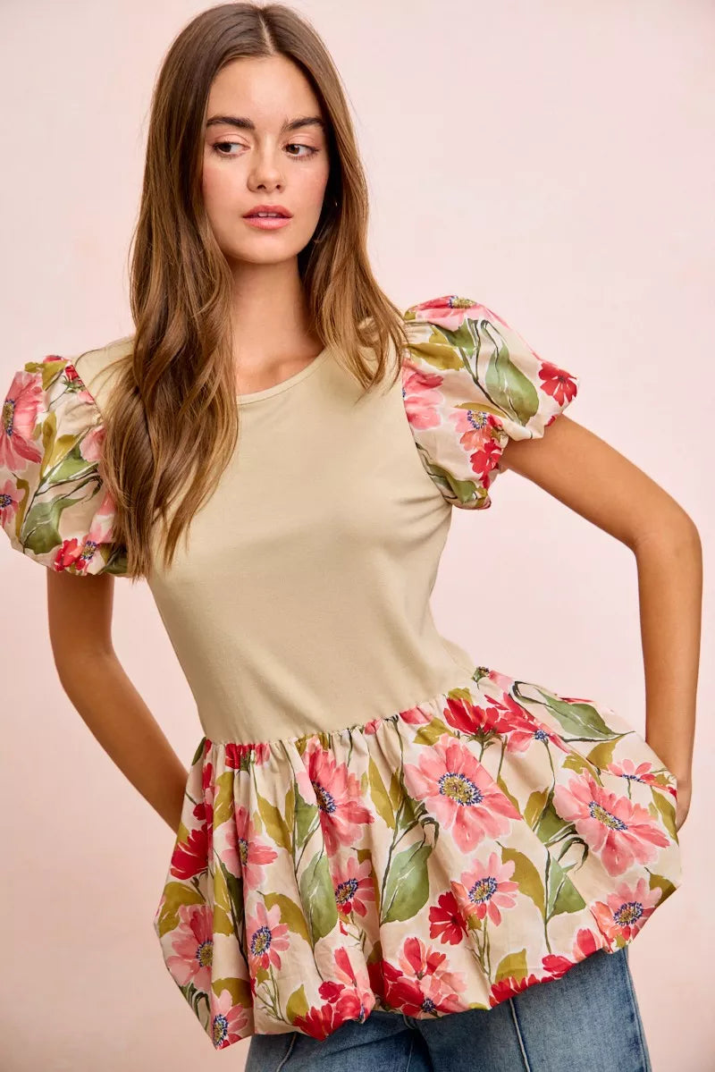 Floral Print Bubble Sleeve Peplum Top - FLORAL