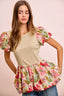 Floral Print Bubble Sleeve Peplum Top - FLORAL