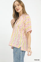 Boho Contrast Trim Split Neck Blouse -