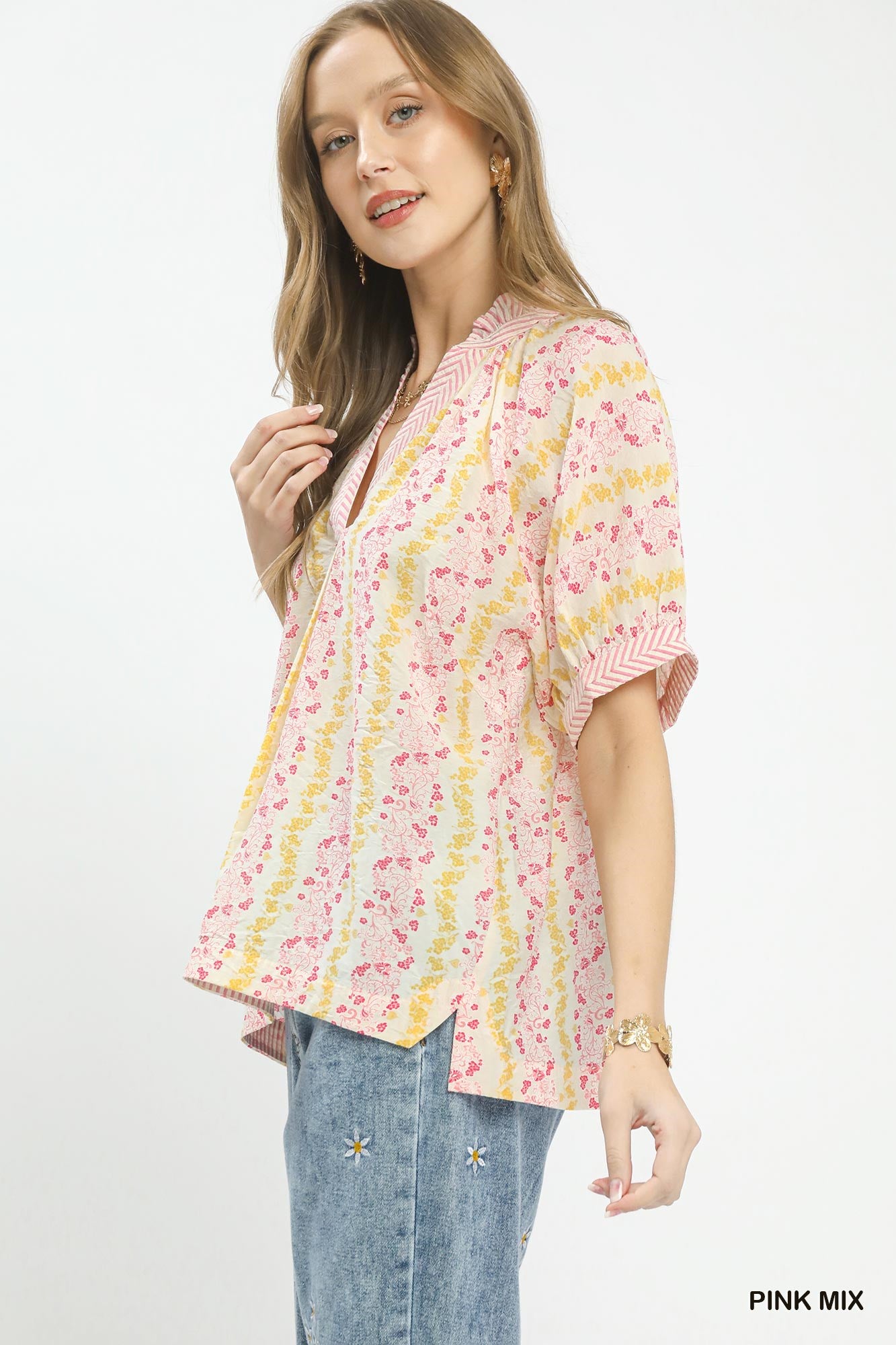 Boho Contrast Trim Split Neck Blouse -