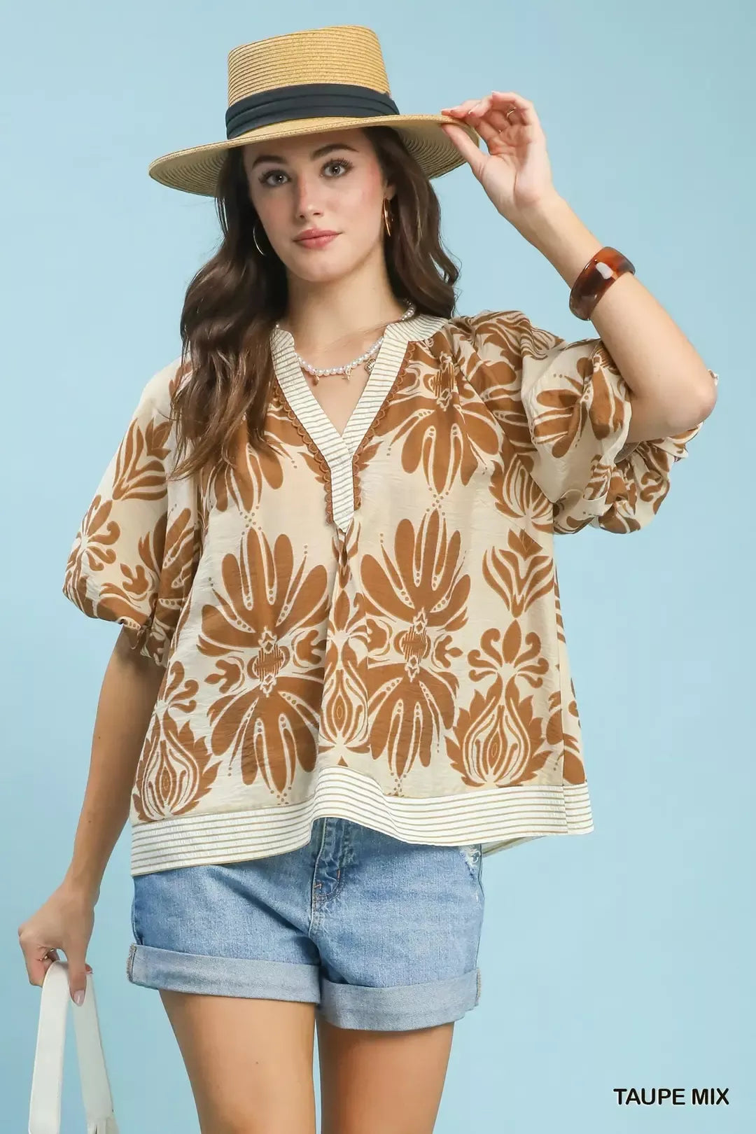 Printed Puff Sleeve Trim Blouse - TAUPE MIX