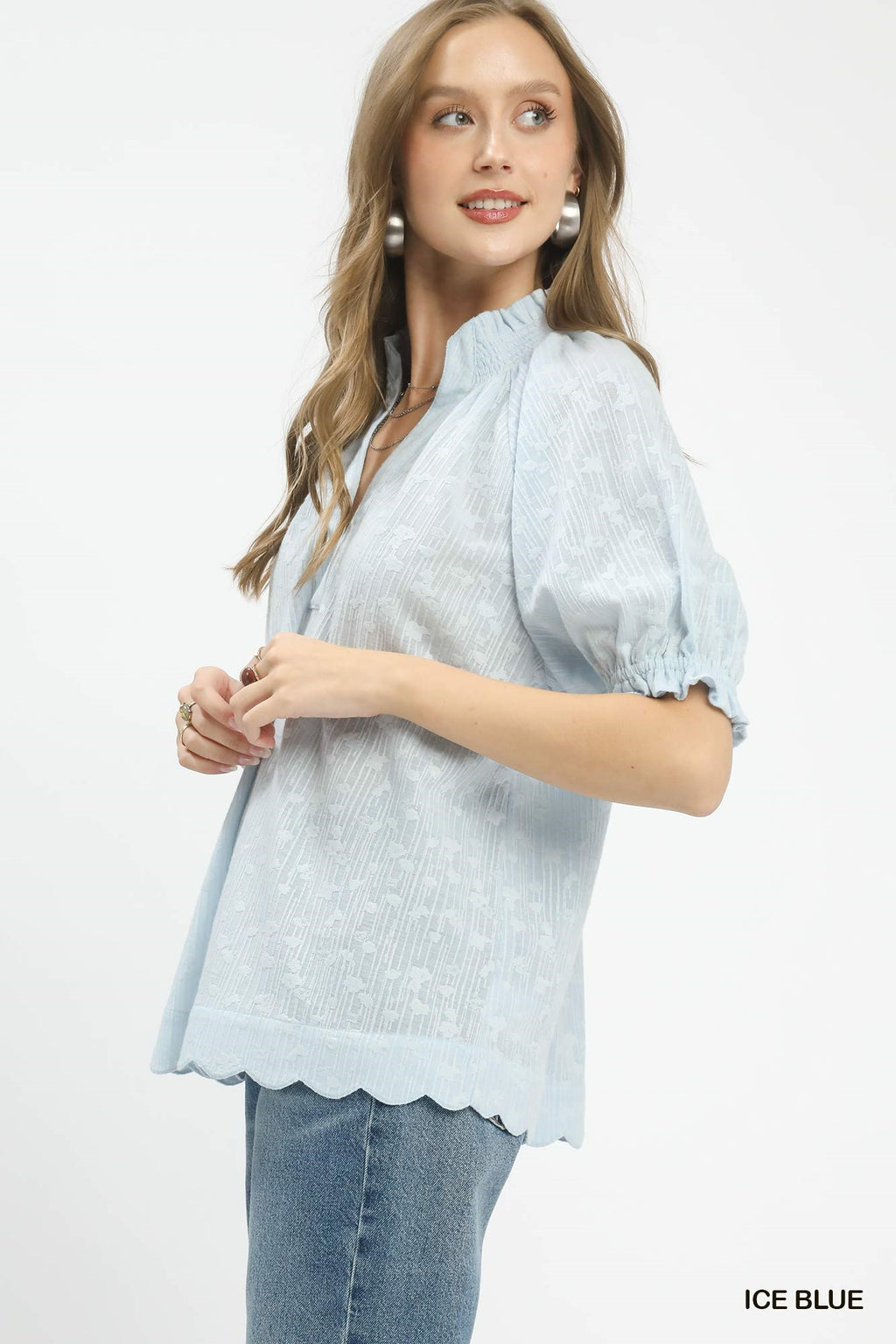 Textured Pintuck Scallop Hem Blouse -