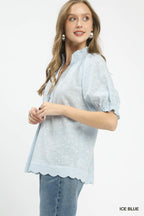 Textured Pintuck Scallop Hem Blouse -