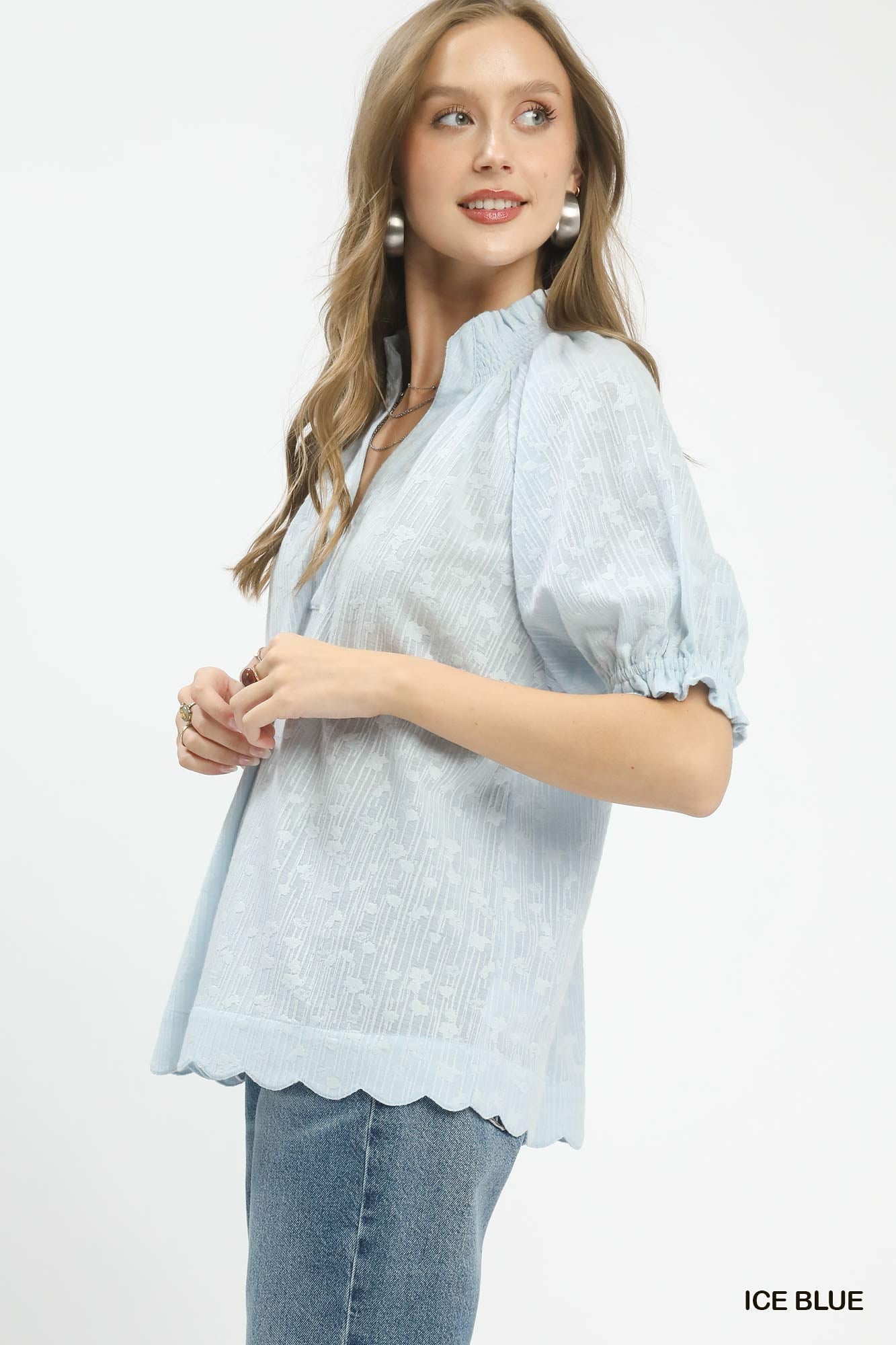 Textured Pintuck Scallop Hem Blouse -