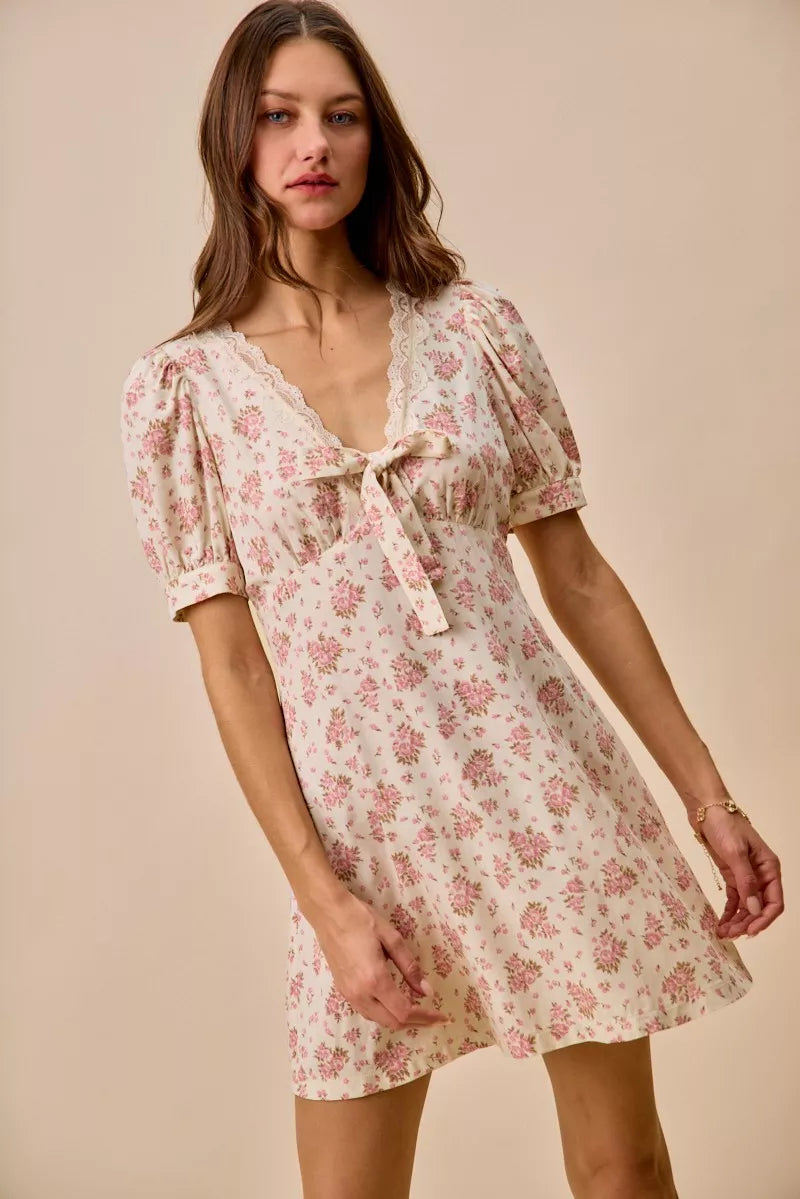 Cream Floral Lace Trim Mini Dress -