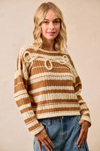 Striped Open Knit Braided Detail Sweater -