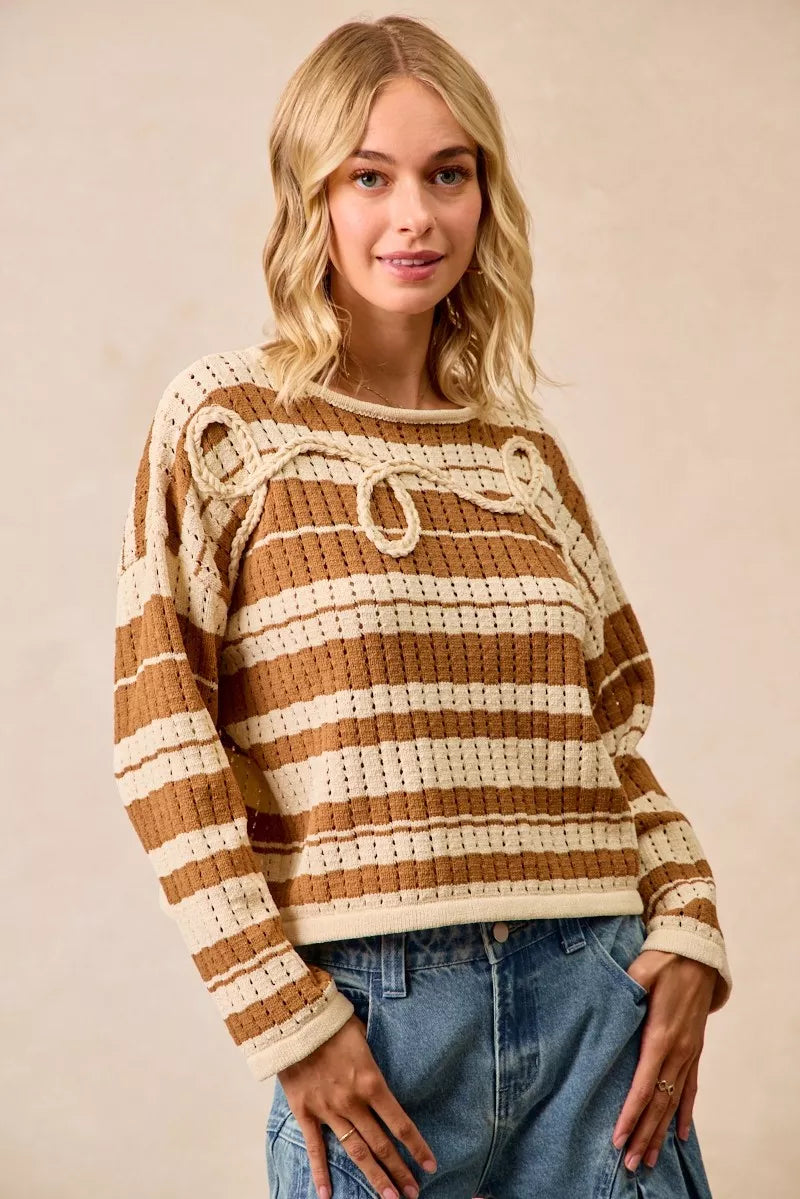 Striped Open Knit Braided Detail Sweater -