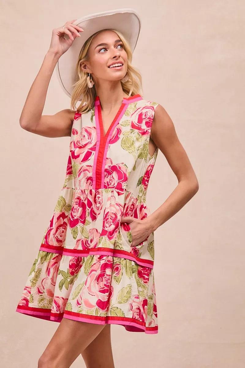 Floral Contrast Tiered Ruffle Mini Dress -