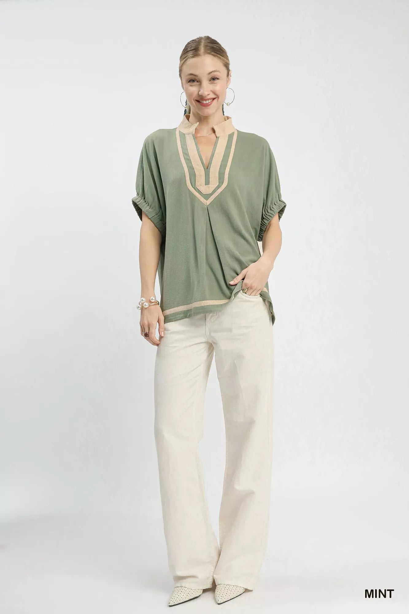 Mint Linen Contrast Trim V Neck Blouse Secondary image