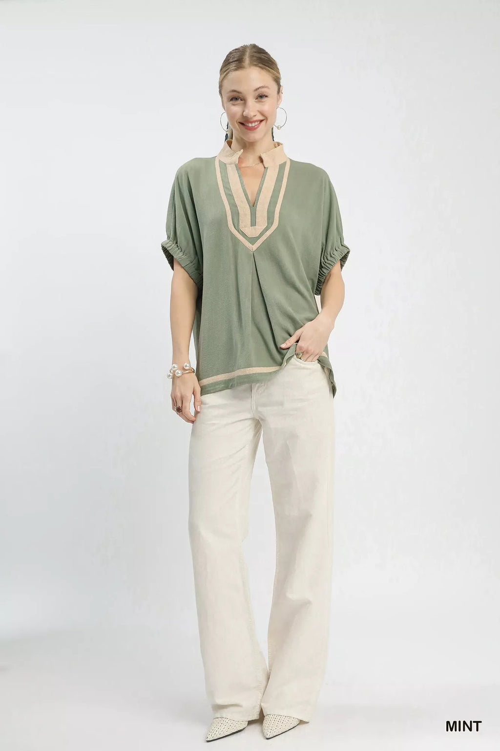 Mint Linen Contrast Trim V Neck Blouse -