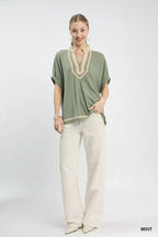 Mint Linen Contrast Trim V Neck Blouse -