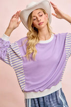 Floral Sleeve Striped Mix Match Sweatshirt -