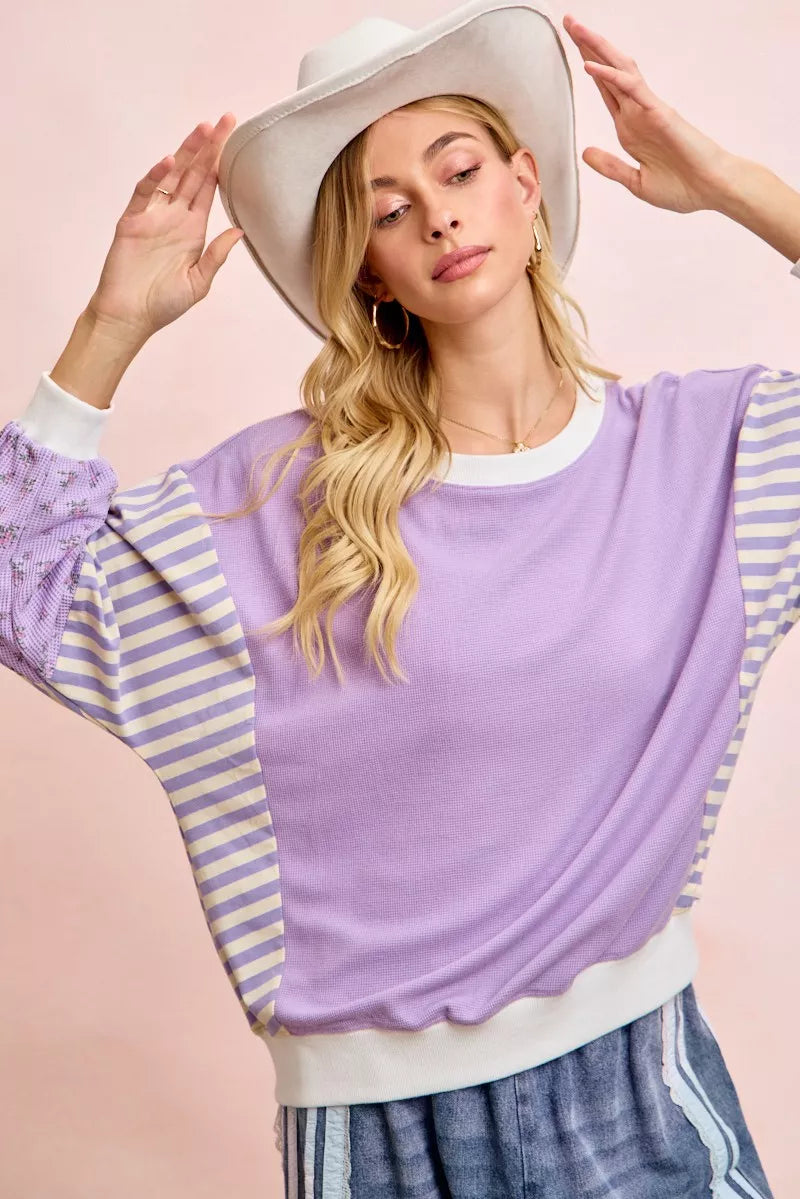 Floral Sleeve Striped Mix Match Sweatshirt -