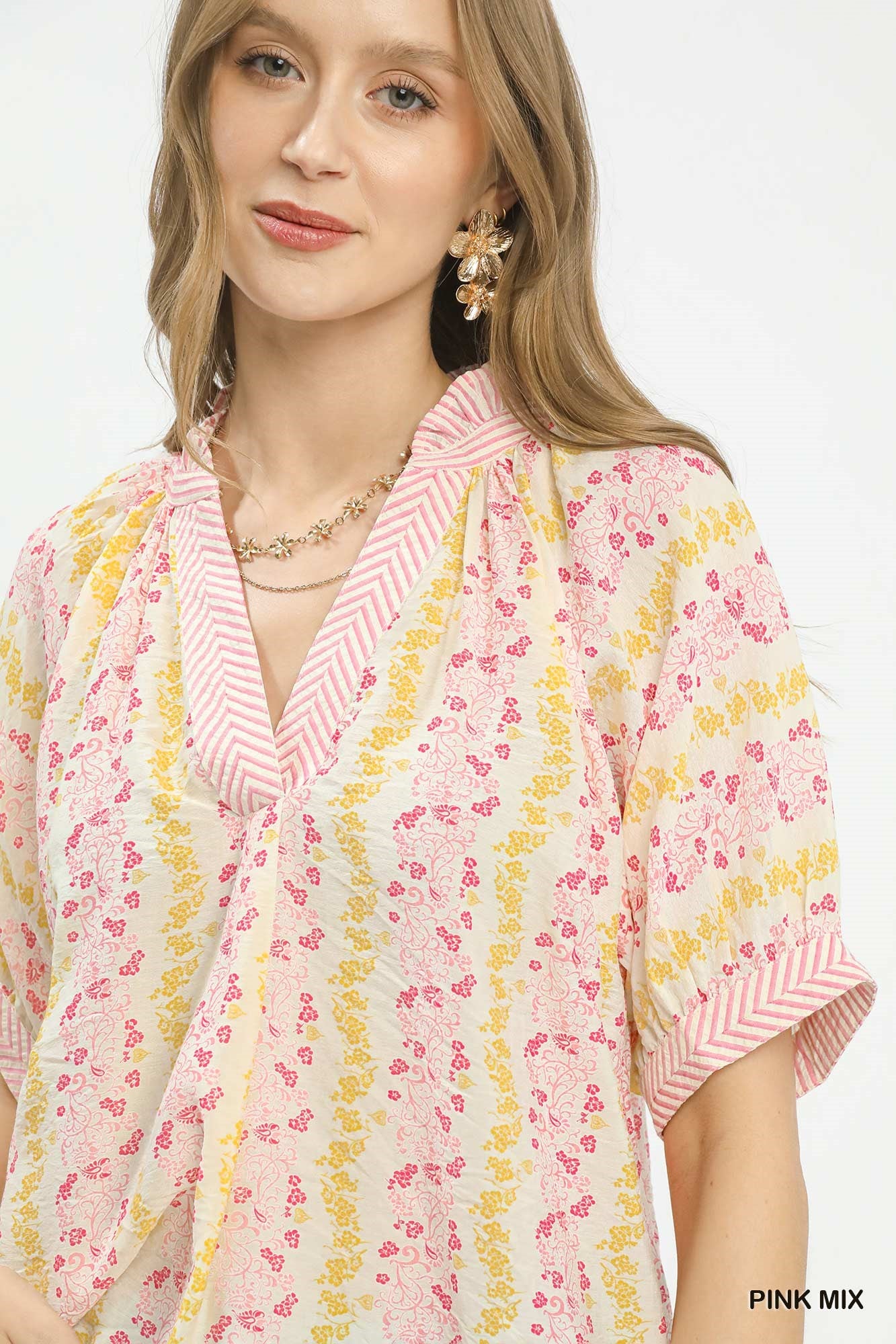 Boho Contrast Trim Split Neck Blouse -