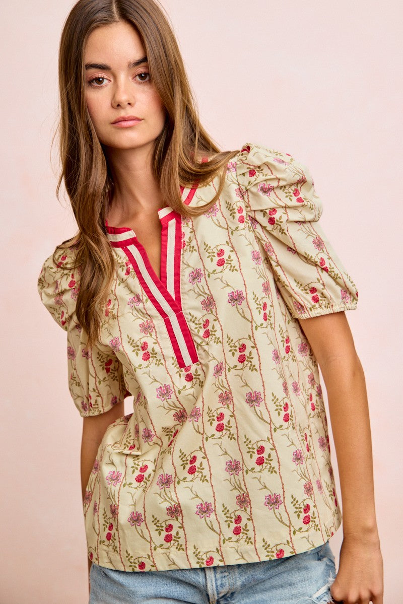 Floral Contrast Neck Puff Blouse -