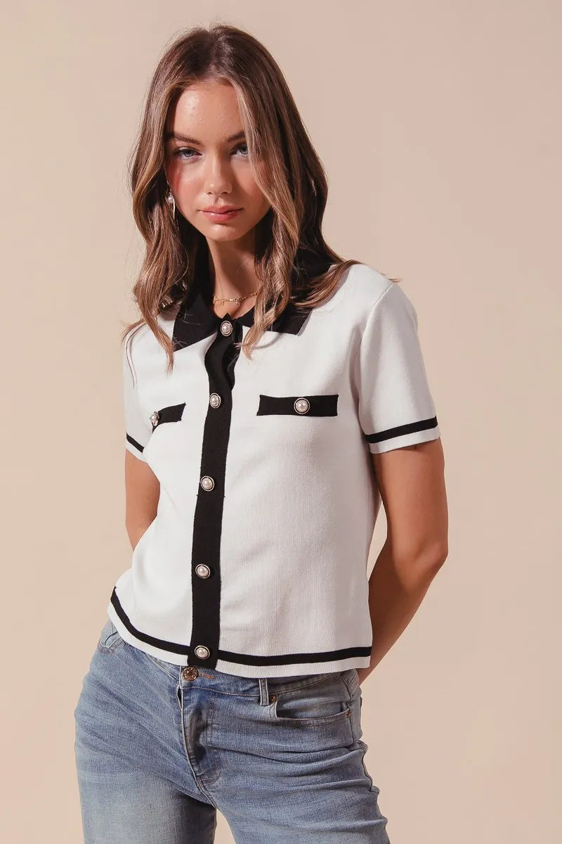 Button Down Knit Sweater Shirt - IVORY BLACK