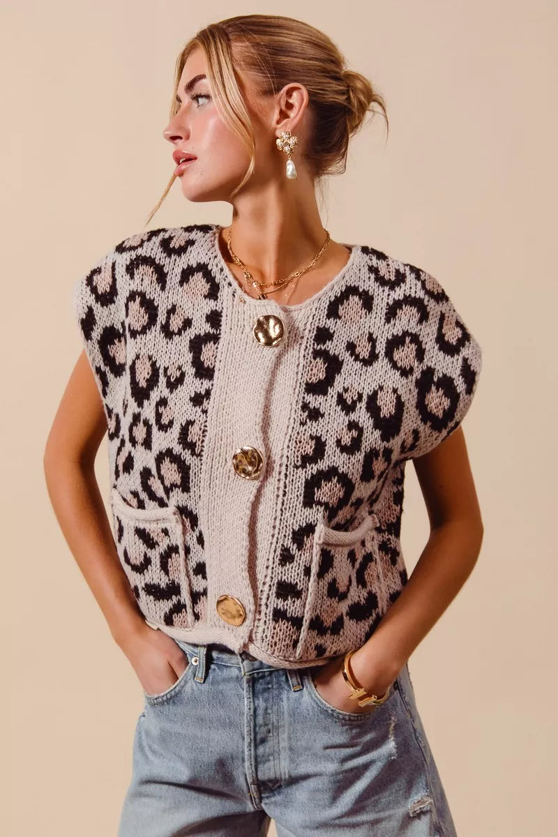 Leopard Metal Button Sweater Vest - LEOPARD