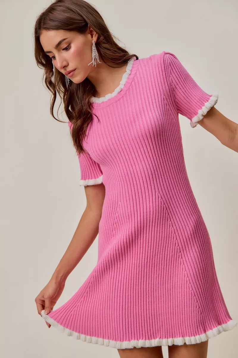 Contrast Ruffle Trim Knit Mini Dress -
