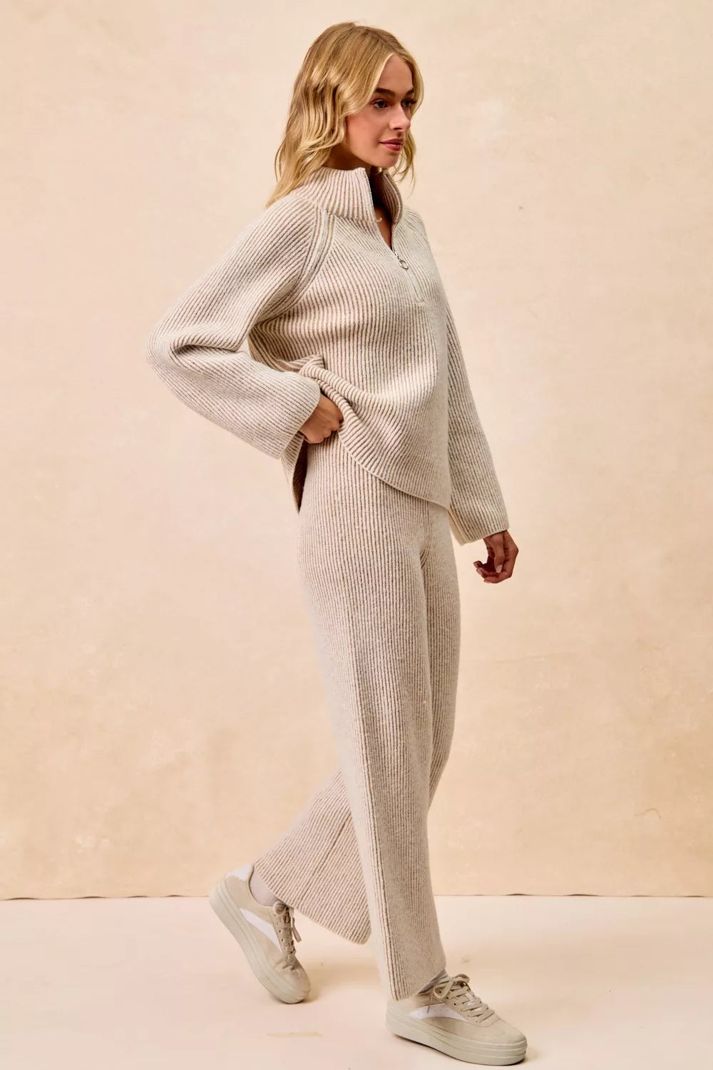 Two Tone Ribbed Half Zip Pullover -