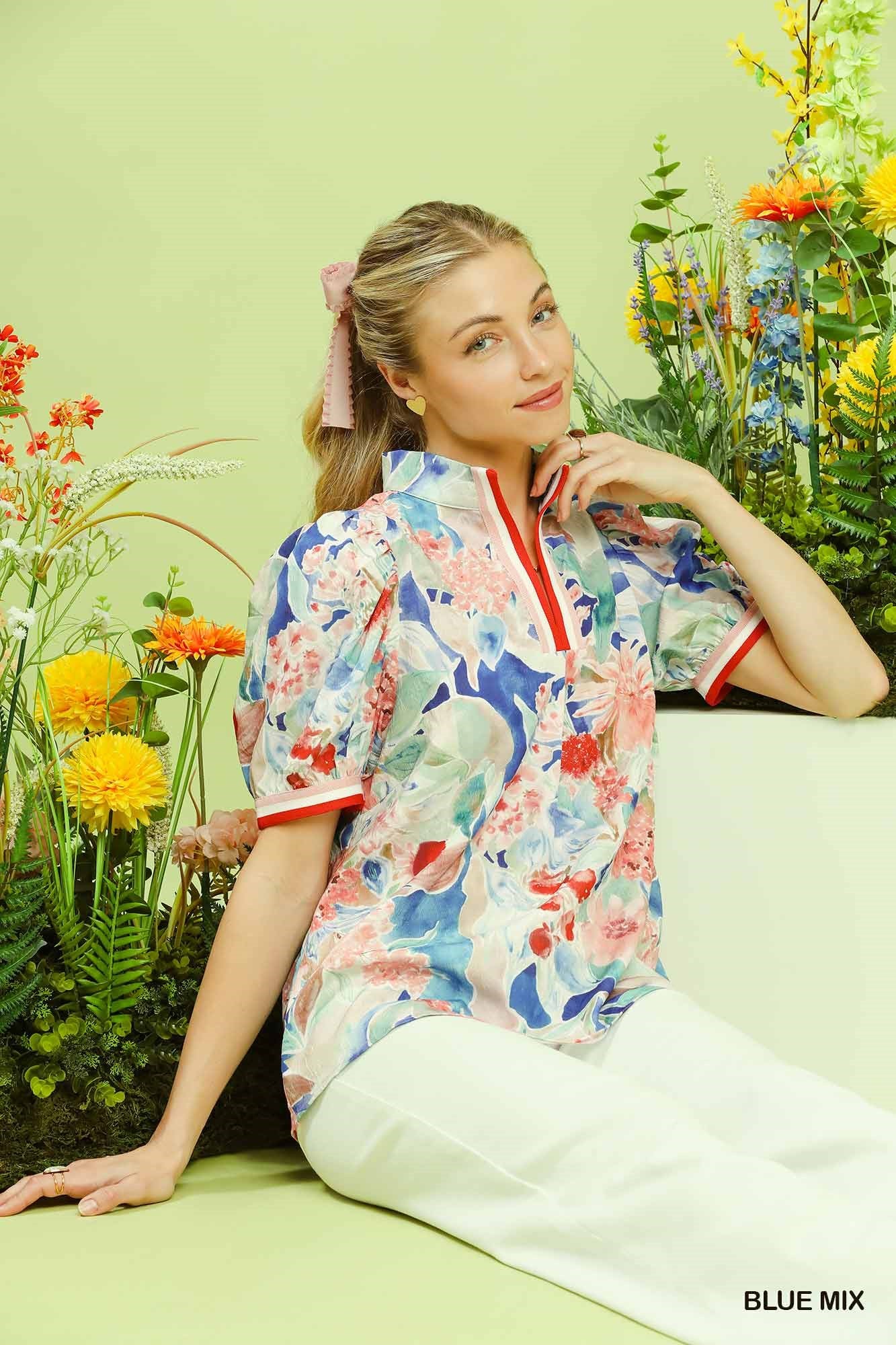 Bloomscape Jacquard Split Neck Blouse - BLUE MIX