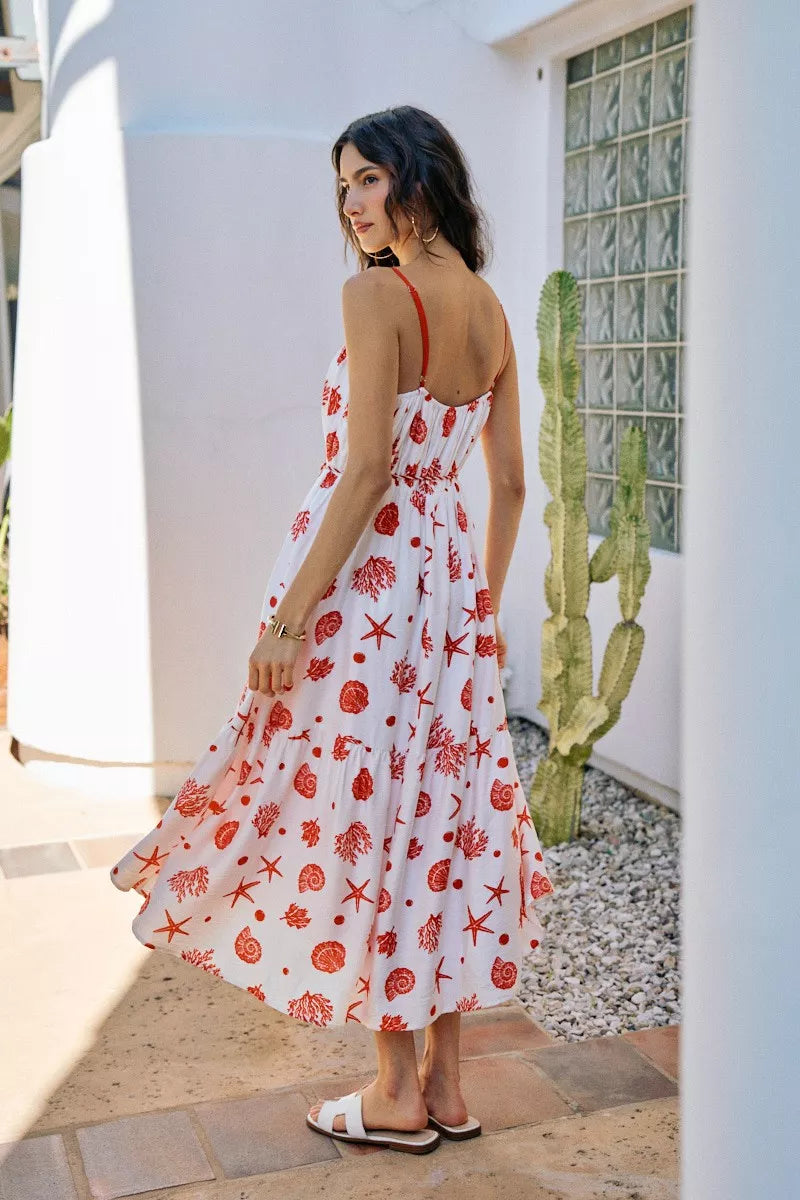 Shell Print Belted Midi Dress -