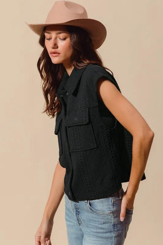 Cable Quilted Button Up Knit Vest -