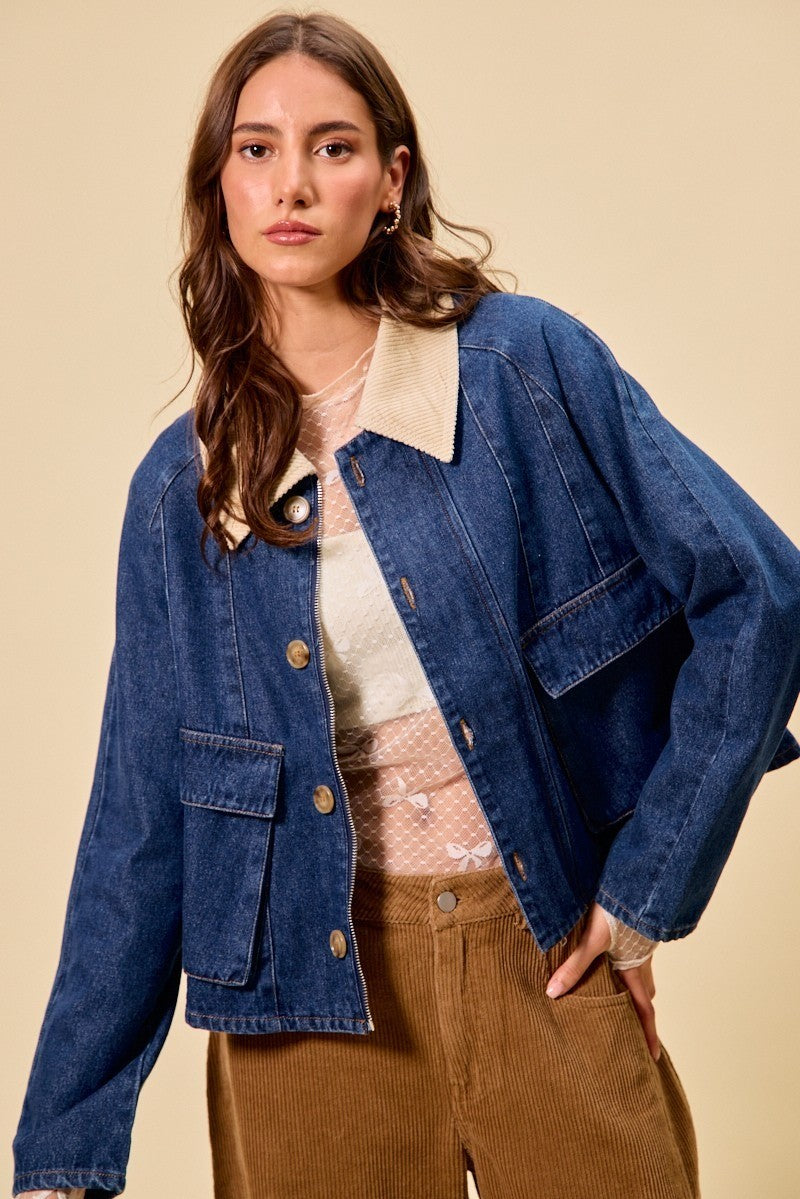 Contrast Collar Denim Jacket -