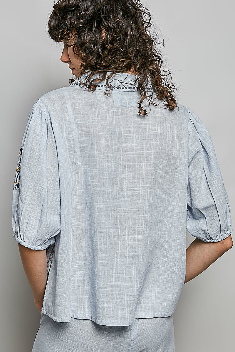 Embroidered Floral Button Down Shirt -