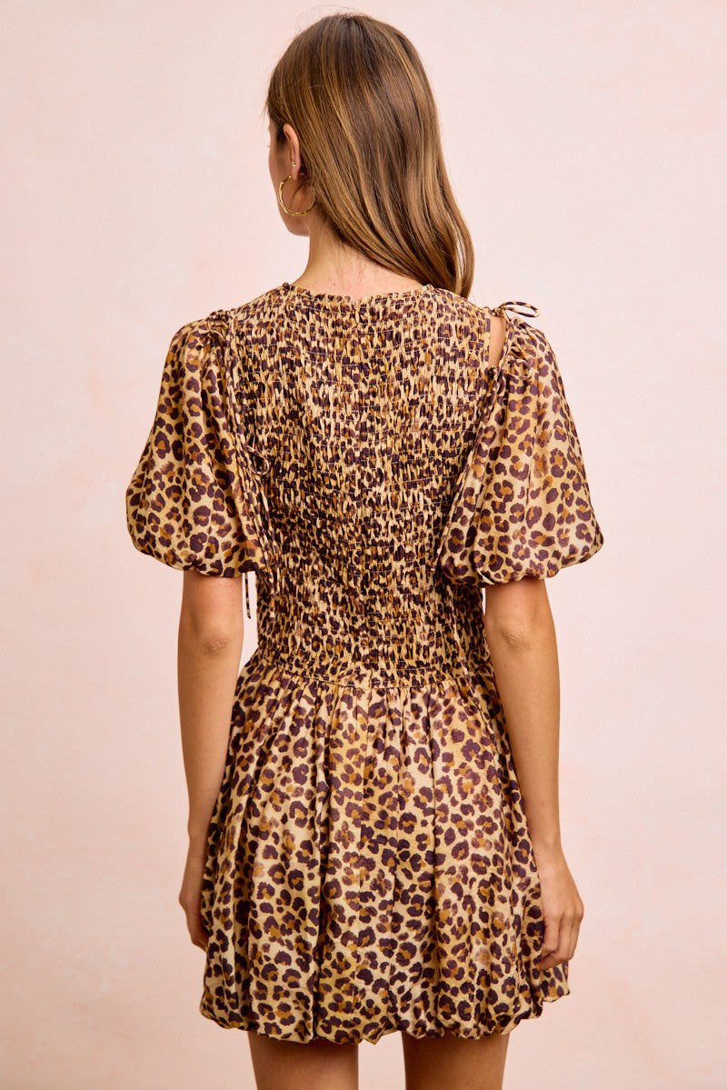 Leopard Smocked Puff Sleeve Mini Dress -