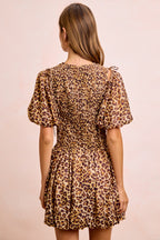 Leopard Smocked Puff Sleeve Mini Dress -