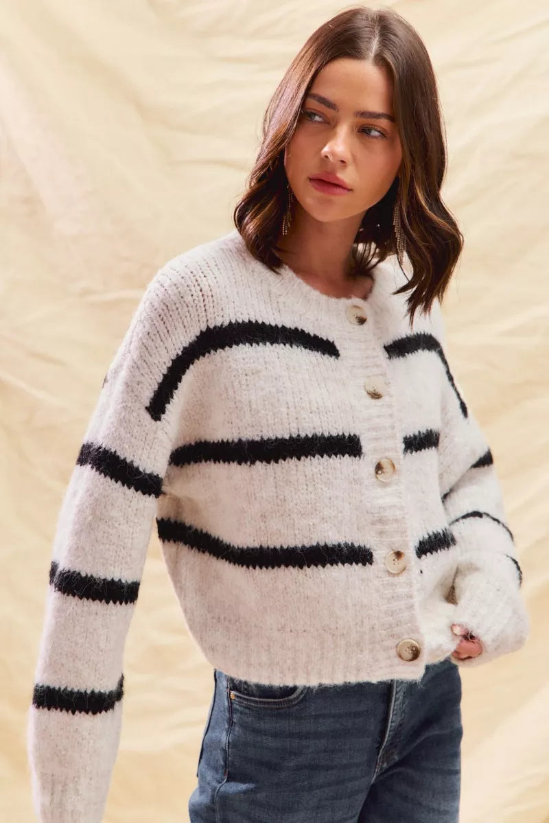 Soft Stripe Button Front Cardigan -