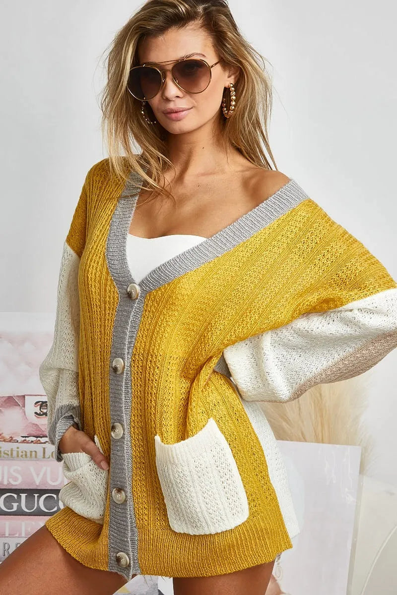 Color Block Button Front Knit Cardigan - MUSTARD IVORY Main image