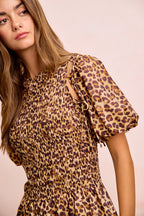 Leopard Smocked Puff Sleeve Mini Dress -